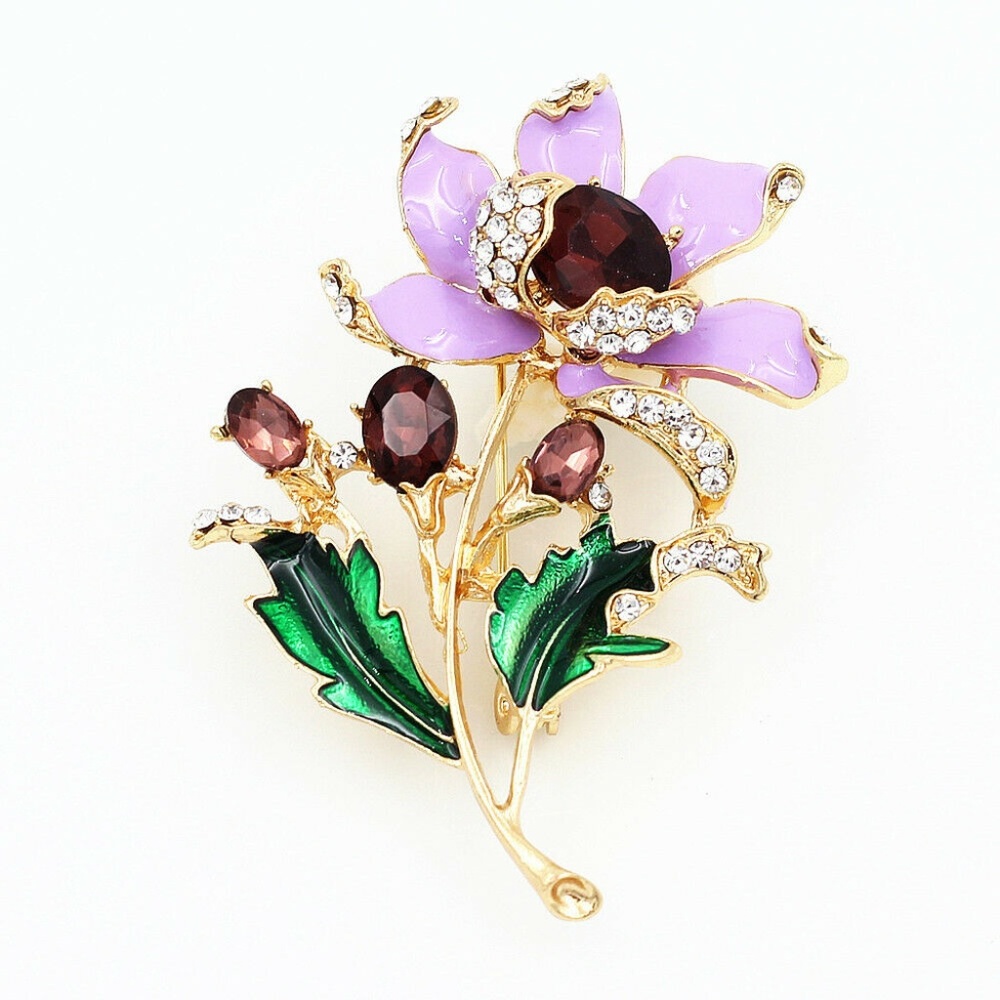 Lilac/Green Enamel/Rhinestone Flower Pin